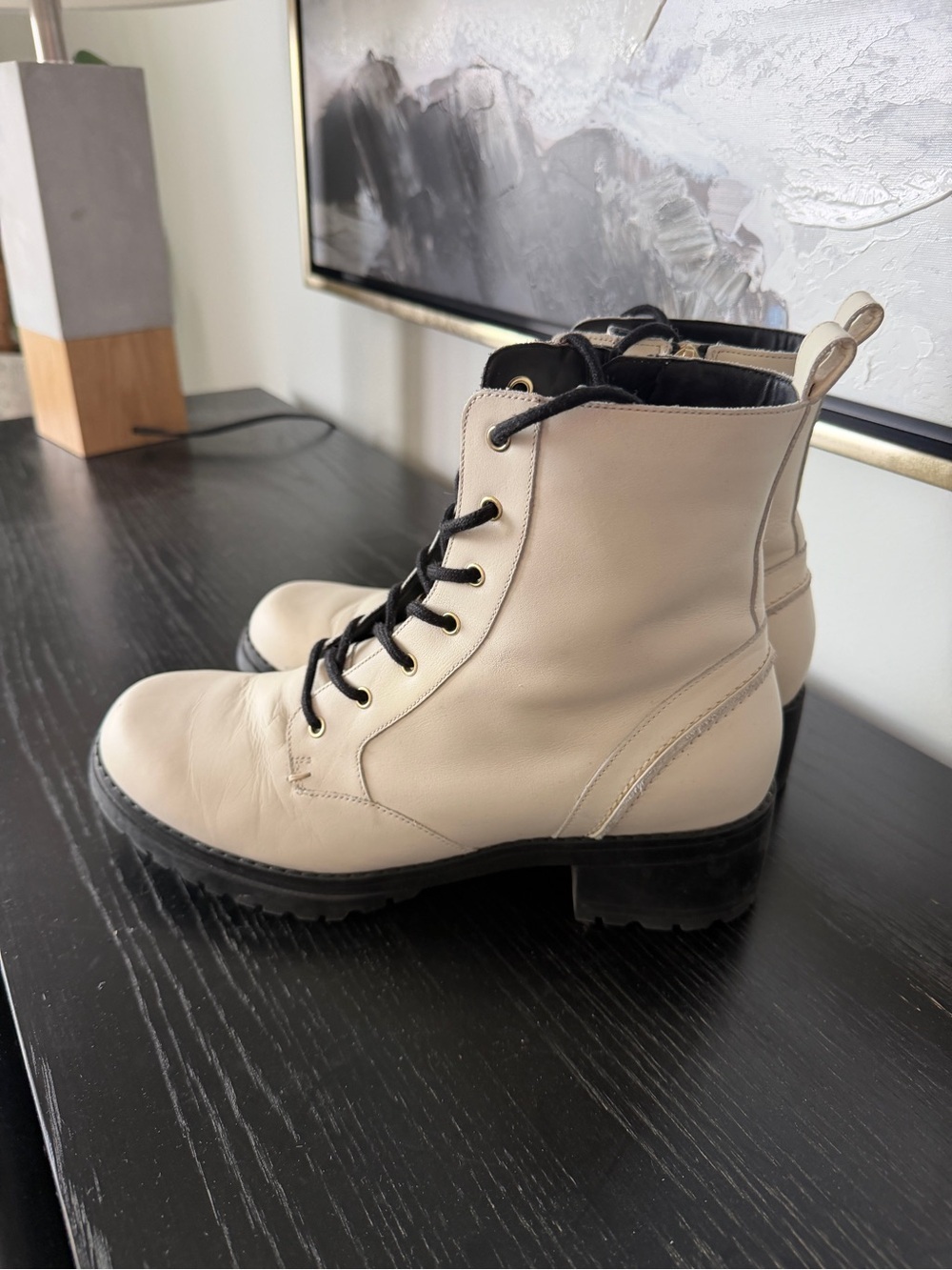 Cole Haan has Leather Cream Combat Boots with Black Laces - Picture 3 of 8